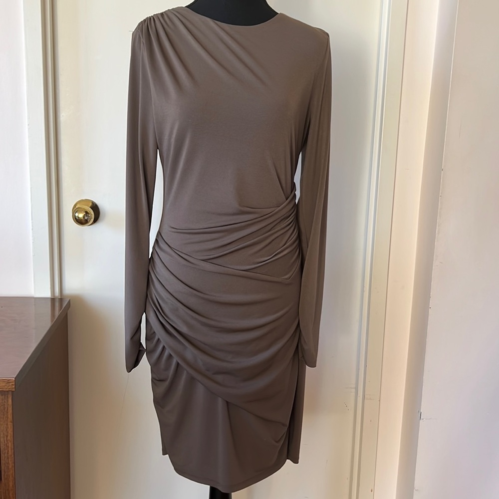 Marciano Taupe Knit Crepe Ruched Dress L EUC